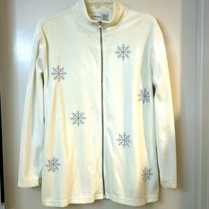 Cherokee velour zip up tunic, size M, in cream, with silver snowflakes